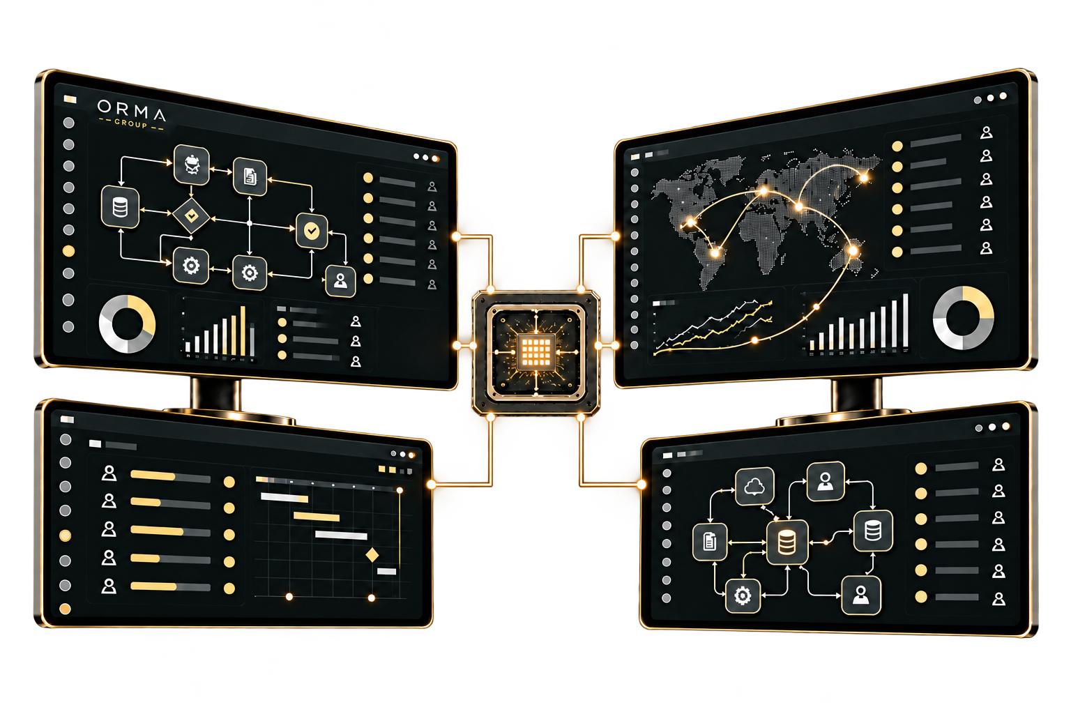 Painéis conectados de processos, integrações e indicadores