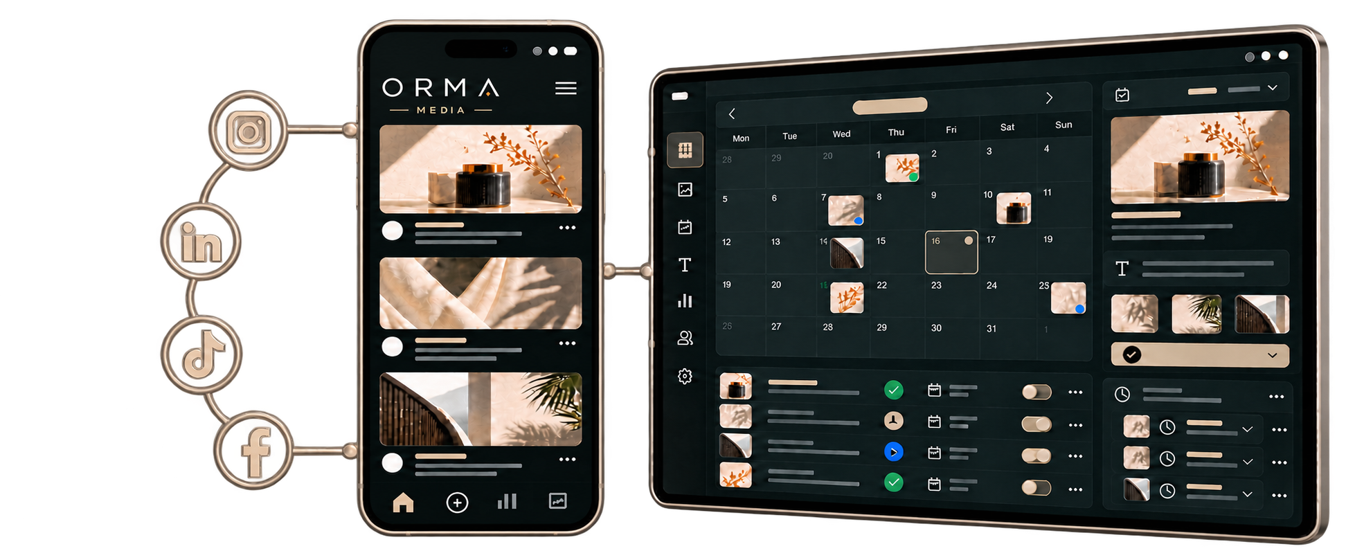 Celular e painel editorial com calendário de conteúdo